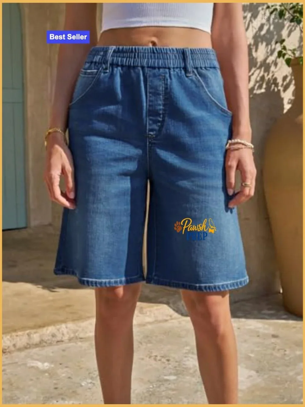 Women's Denim Bermuda Shorts Elastic Waist Baggy Fit Knee Length Jorts